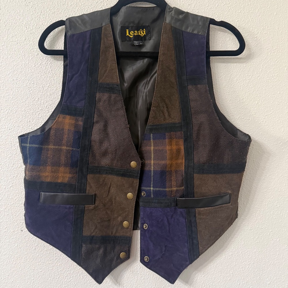 Learsi Mens 90s Vintage Patchwork Western Genuine Leather Suede Plaid Vest Large